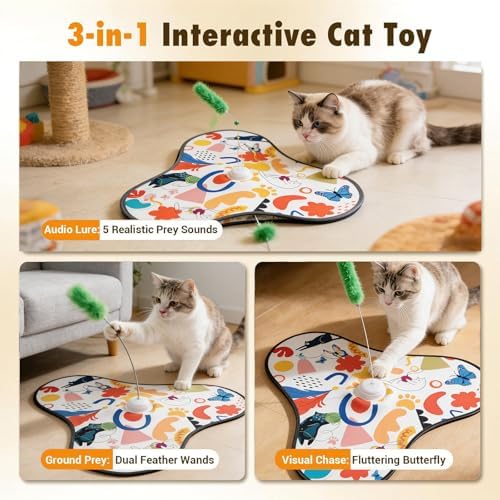 Interactive Cat Toys for Indoor Cats,3-in-1 Hide and Seek Cat Toy with Moving Concealed Wand Feather&Fluttering Butterfly,3 Prey Sounds，Auto Chargeable Play Mat for Bored Adult Cats&Kittens(White)