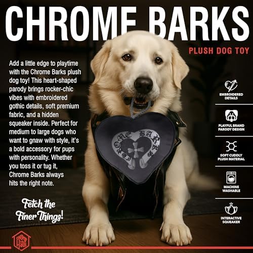 Chrome Barks – Luxurious Parody Plush Dog Toy with Squeaker, Premium Fabric, Embroidered Details, Designer-Inspired Chew Toy, Fun Gift for Large Dogs & Dog Lovers