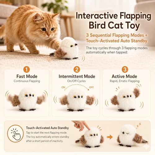 Flapping Bird Cat Toy, White Sparrow Plush Touch Activated Bird Chirp Cat Toy with Refillable Catnip, USB Rechargeable Interactive Kitten Exercise Toy,4.92"(No Flying)