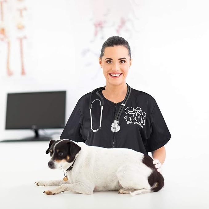 Noverlife Short Sleeve Pet Grooming Work Clothes with Full Zipper, M Size | Anti-Static & Splash Proof Pet Beautician Uniforms, Hair Repellent Smock & Trousers for Professional Dog Cat Grooming Salon