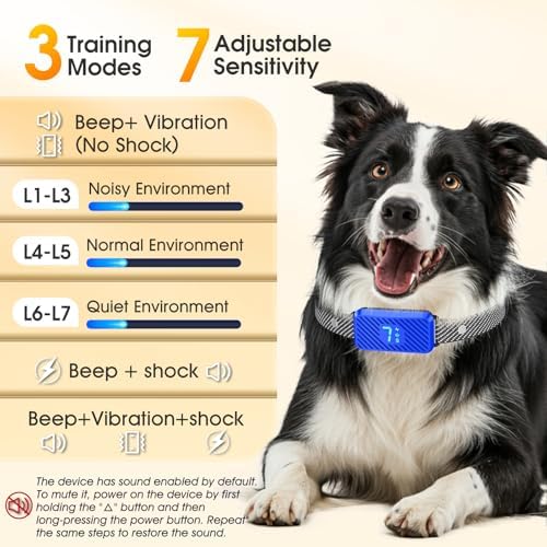 Dog Bark Collar for Large Medium Small Dogs, Effective No-Bark Collar, Smart Barking Collar, Rechargeable Bark Collar with 7 Sensitivity, 3 Modes, Waterproof, Glacier Blue