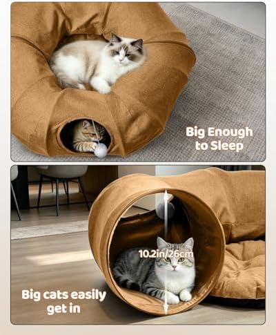 Linen Cat Tunnels with Central Cat Bed, Interactive Cat Toys Detachable Washable Soft Mat Large Indoor Play Tunnel Cave for Kittens and Small Animals