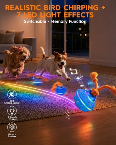 Xeuch Interactive Dog Ball Toy, ETPU Rotating Motion, Rechargeable | 3 Play Modes, Bird Chirping Sounds, 7 LED Lights, ETPU Shell, Rope Design, Rechargeable Battery, for Small and Medium Dogs