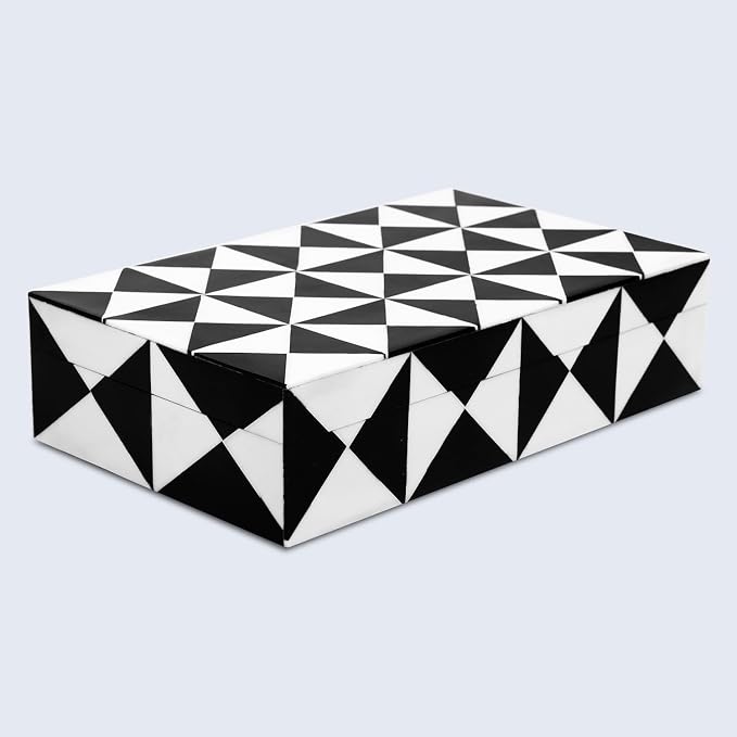 Handicrafts Home Decorative Storage Box with Lid, Black and White Decorative Remote Holder Box, Coffee Table Storage Box for Living Room, Console Table & Shelf Decor, Triangle - 10 x 6 x 2.5