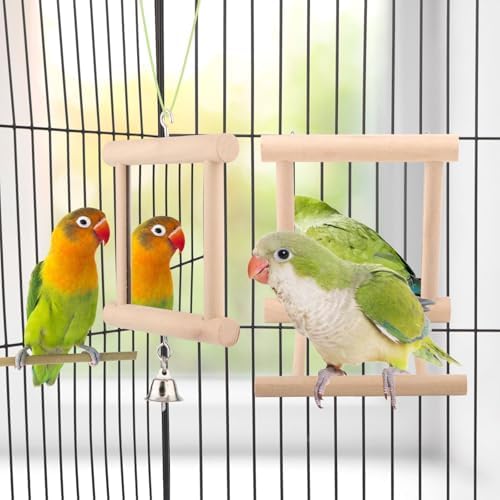 Wontee Bird Mirror for Cage Hanging Interactive Toys (Wood color-2pcs)