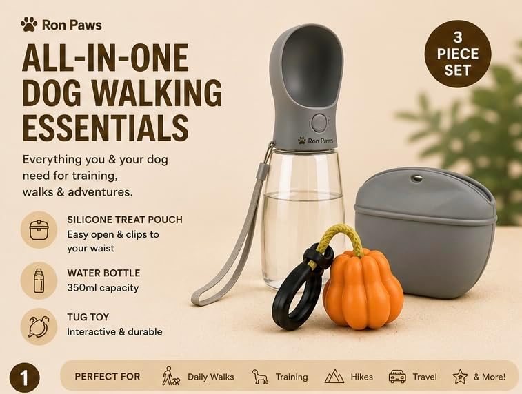 3-in-1 Dog Walking Kit - Silicone Treat Pouch, Portable Water Bottle (350ml) & Rope Tug Toy - Hands-Free Training Set