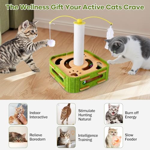 5-in-1 Cat Puzzle Box Toy for Indoor Cats Boredom Relief Interactive Wooden Cat Enrichment Maze with Balls, Feather Wands & Spiral Springs, Slow Feeder Treat Dispenser for Kittens & Adult Cats