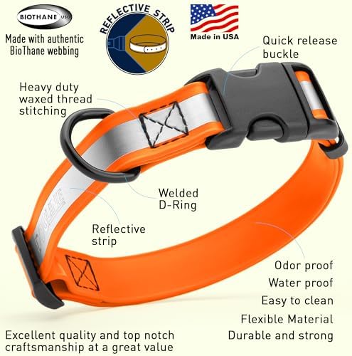 Dogline BioThane Reflective Dog Collar – Waterproof Heavy Duty Dog Collars – High Visibility Quick Release Dog Collar with Sturdy Buckle – Fun Modern Colors – Comfortable and Safe
