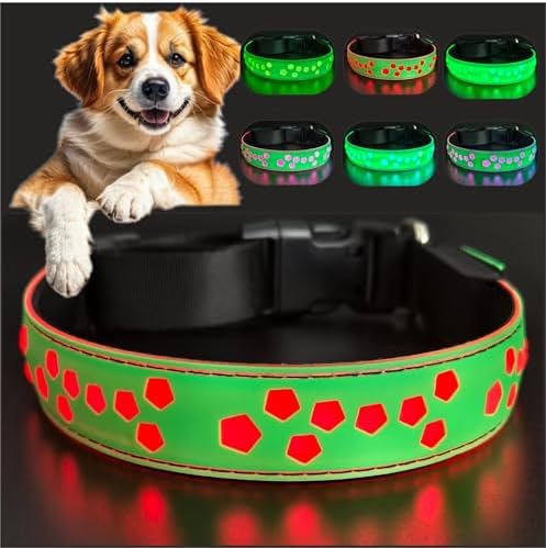 Personalized Light up Black Dog Collar with airtag Holder for Night Walk (Green Collar 15 Modes Lighting, XL(19.7-23.6"))
