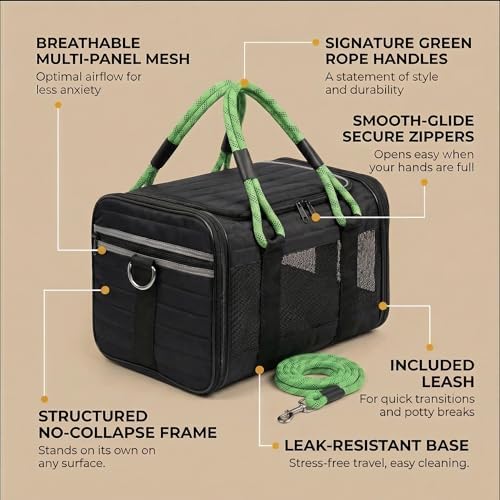 Soft-Sided Pet Carrier, Black Green, 19.7 x 11.8 x 11.4 in