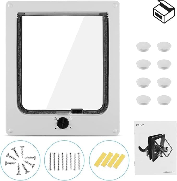 Sailnovo Cat Door（Outer Size 9.25" x 10.62" ）, Rotary 4-Way Facile Locking for Interior Exterior Door,Quiet, ABS Material,Weatherproof Pet Doors, Telescopic Frame, White,(Suitable for Cats<27.54 lb)