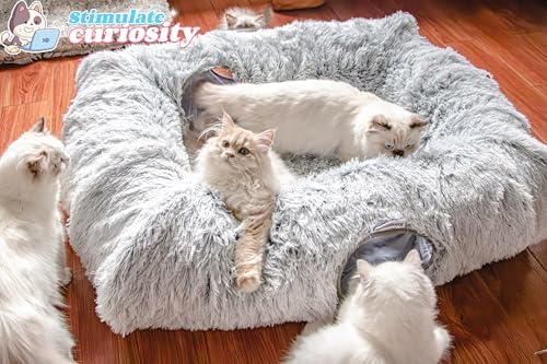 XxingSheep 4-Cave Plush XL Cat Tunnel Bed Indoor Cats Peekaboo Toy Mat Grey