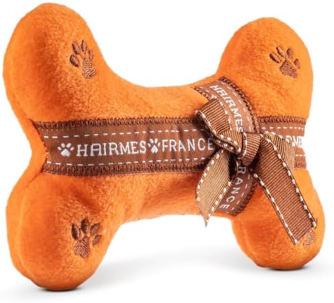 Dog Diggin Designs Hairmes Bone Plush Dog Toy – Fashion Inspired Squeaky Parody Dog Toy, Soft Luxury Style Bone Toy for Small to Medium Dogs, Cute Interactive Pet Toy