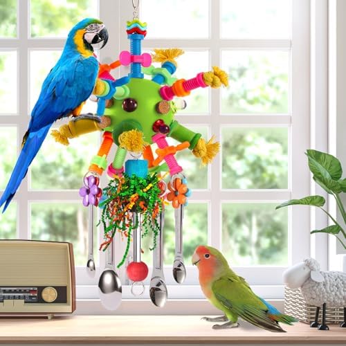 Parrot Toys Bird Toys Perch Pullable Stainless Steel Spoons Colorful Acrylic Stick Chew Toys for Amazons Mini Macaws African Greys Cockatoos Conures,Cockatiels,Lovebirds,Parrotlets and Other (green)
