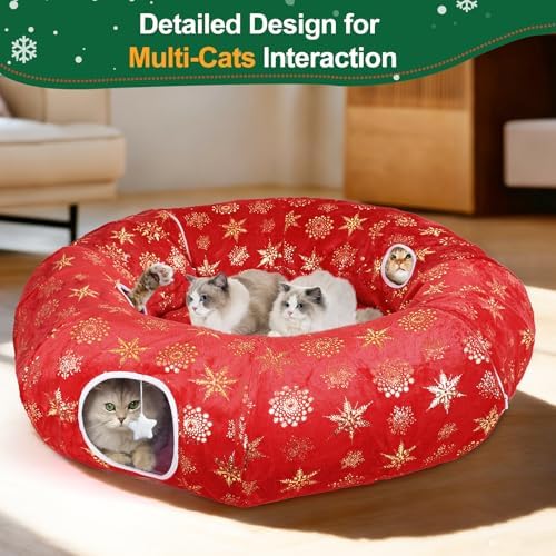 Cat Tunnel Bed for Indoor Cats, XL Christmas Tree Skirts Washable Warm Soft Indoor Cat Donut Tunnel, Multifunctional Cat Interactive Playground Toys for Felines Pet Christmas Tree Decoration