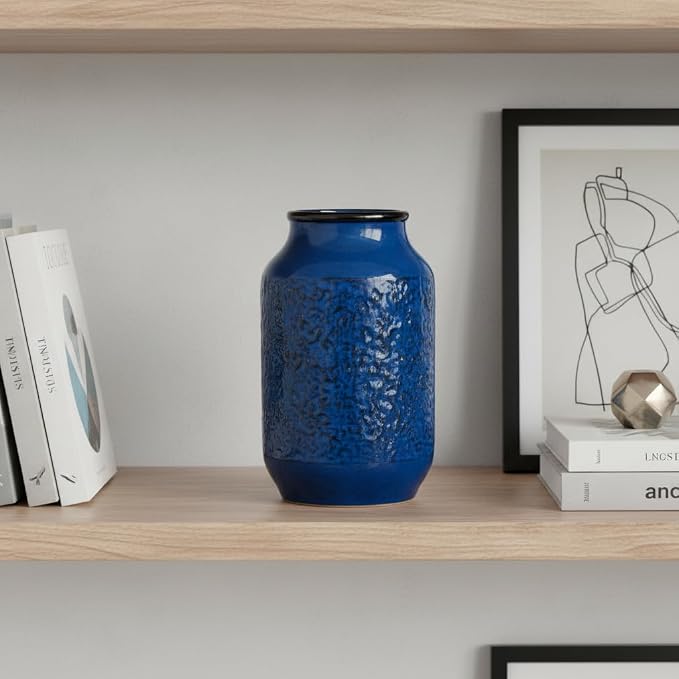 Blue Vase for Decor, 9 inch Ceramic Flower Vase, Modern Decorative Vases Home Decor, Bathroom Bedroom Office Living Room Shelf Decoration