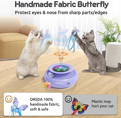 ORSDA Cat Toy, 3-in-1 Automatic Interactive Electronic Moving Ambush Feather, Fluttering Butterfly, Track Balls, USB Rechargeable Powered Smart Indoor Exercise Kicker