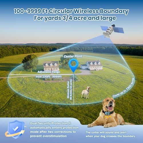 Wireless Electric Fence for Dogs - GPS Dog Collar Fence with Beep Vibration Static Correction, Radius Range up to 9999ft, IPX7 Waterproof Dog Collar for Large Dogs Outdoor Use