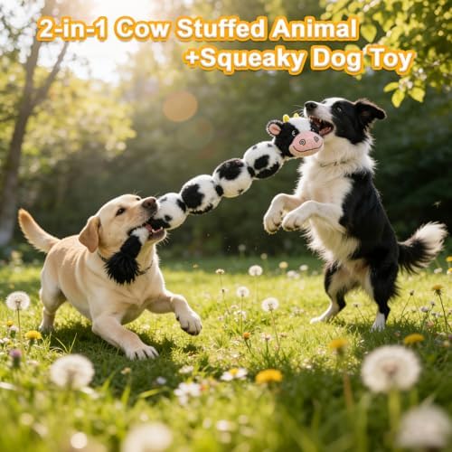 20.47 Inch Cow Long Plush Squeaky Dog Toy, Durable Chew Toy for Puppy Teething, Interactive Tug-of-War Toy for Small Medium Large Dogs