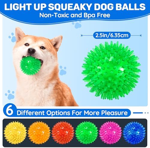 6 Pack 2.5" Light Up Squeaky Dog Balls, Spiky Dog Toy Balls for Puppy Small,Medium Dogs