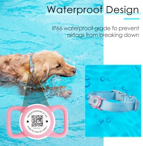 ADVENTUREMORE Airtag Dog Collar with Smart ID QR Code Airtags Holder: Prevents Dogs from Getting Lost at Night, Displays Owner and Pet Details. Waterproof, Durable, Adjustable, Thick-Teal-Small