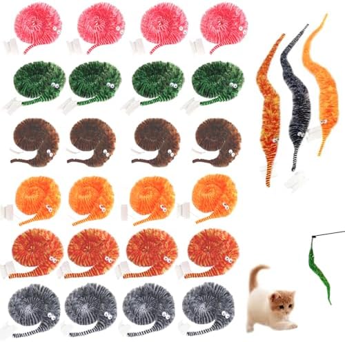 KuuGuu 24 PCS Cat Worm Toy Zebra Print Feather Worm Teaser Refills Attachment Cute Cat Wand Replacement Interactive Wand Accessories for Fishing Pole Toy Teaser for Indoor Cats Kitten