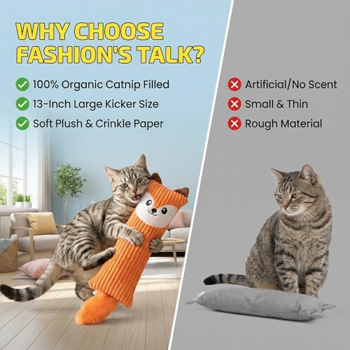 Fashion's Talk Catnip Toys for Indoor Cats, 2-Pack Large Plush Fox & Owl Kicker Toys, Cat Chew Toys with Crinkle Sound Organic Catnip – Hunting Instincts Exercise (2)