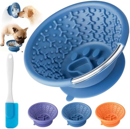 Dog Lick Bowl, Non-Slip Slow Feeder Licking Mat & Treat Dispenser (Wide Bowl Mouth w/Inlaid Stainless Steel Ring) - Interactive Toys, Anxiety Reducer, Freeze Bone for Dogs, BPA Free Silicone(Blue)