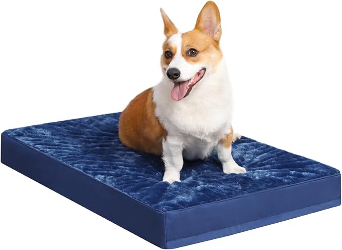 KSIIA Orthopedic Dog Bed for Medium Dogs with Waterproof Lining,Blue, 29x18 | Deluxe Soft Plush Dog Crate Bed, Washable Pet Mat with Removable Cover & Egg Crate Foam for Medium Dogs Sleeping & Relaxing