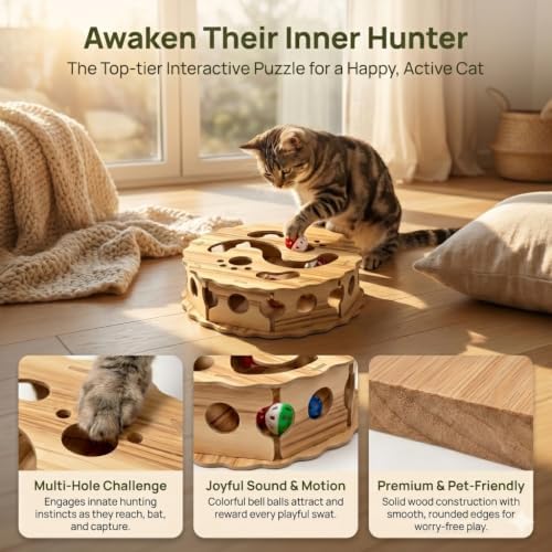 Wooden Cat Puzzle Toy - Interactive Cat Maze & Treat Dispenser Game Box with Track Balls - Mental Enrichment Toys for Indoor Cats & Kittens