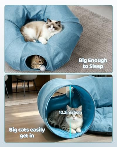 Odoland Linen Cat Tunnels with Central Cat Bed, Interactive Cat Toys Detachable Washable Soft Mat Large Indoor Play Tunnel Cave for Kittens and Small Animals