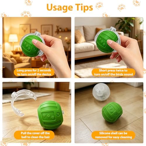 Interactive Cat Toys Ball for Indoor Cats, Automatic Self-Rolling, Motion-Activated, Bird Chirping Cats Dogs Ball Toy with Elastic Mesh Tail, Cat Enrichment Toys for Indoor Cats (Green)