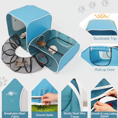 Cat Playpen, 3-in-1 Pop-up Outdoor Cat Enclosure, Blue
