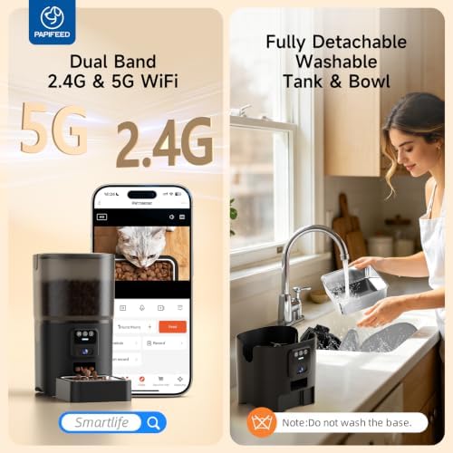PAPIFEED Automatic Cat Feeder with Camera, 1080P HD & Night Vision, 5G WiFi Timed Cat Feeder with App, 6L Cat Food Dispenser for Dry Food, 2-Way Audio Smart Pet Feeder for Dog, 1-10 Meals/Day