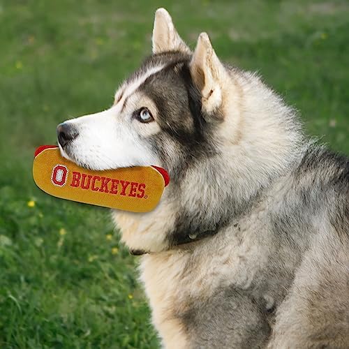 NCAA Ohio State Buckeyes HOT Dog Plush Dog & CAT Squeak Toy- Cutest HOT-Dog Snack Plush Toy for Dogs & Cats with Inner Squeaker & Beautiful Football/Basketball Team Name/Logo