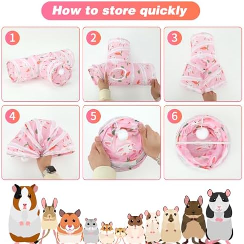 Rypet Guinea Pig Tunnel Hideout 3-Way Collapsible Pet Tubes, Carrot Pink
