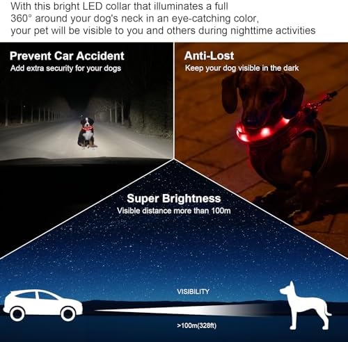 CHUKCHI LED Dog Collar Rechargeable,Waterproof Flashing Collar,Light Up Glow Collar, Adjustable Soft Safety Light Up for Small Medium Large Dogs Walking Camping at Night (Pink-L)