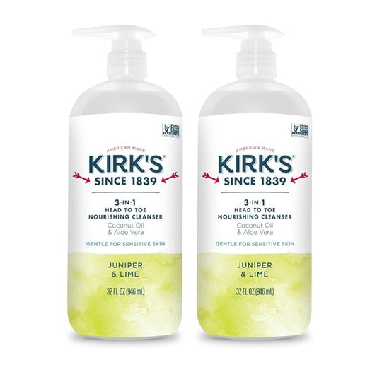 Kirk's 3-in-1 Head to Toe Nourishing Liquid Cleanser- for Men, Women & Children - Premium Coconut Oil & Aloe Vera- Non GMO & Vegan -Juniper & Lime - 32 Fl Oz 2 Pack