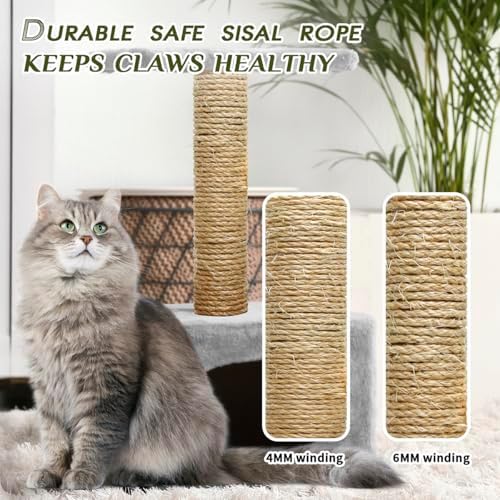 Cat Natural Sisal Rope 1/4 Inch 6mm 164-Feet for Cat Scratching Post Tree Tower Replacement Repair and Replace, DIY Hemp Twine Rope for Cat Scratching Furniture Window Perch and Crafts Gardening