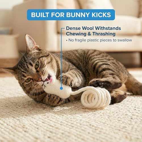 Glaciart One Felt Mouse Cat Toy – Soft Fuzzy Enrichment 100% Natural Wool - Interactive Catnip Play Cat Toy Set - Safe for Pets, Non-AZO Colored Dyes - 42” Long