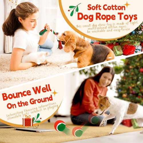 BAEJMJK 6Pcs Christmas Small Dog Toys Set-Xmas Holiday Squeaky Dog Toy Ball and Rope Dogs Toy Set -Funny Interactive Puppy Chew Toys with Christmas Tree Santa Claus and Reindeer Designs