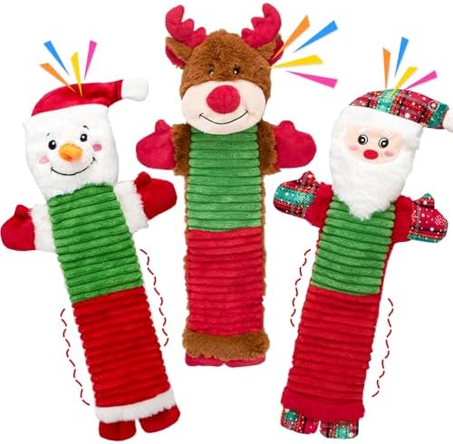 Christmas Squeaky Dog Toys with Crinkle Paper,No Stuffing Dog Toy for Large Dogs,Christmas Puppy Teething Toys to Keep Them Busy, Plush Interactive Long Lasting Chews for Aggressive Chewers