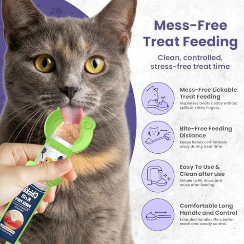 Lickable Cat Treat Spoon, Puree Squeeze Feeder, Silicone, Green