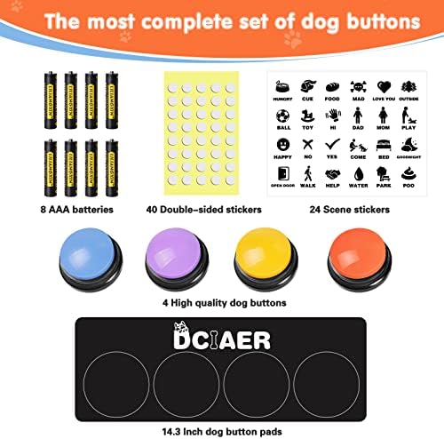 Dog Buttons for Communication,Talking Buttons for Dogs,4 Recordable Sound Buttons + 24 Scene Patterns + 1 Dog Button Mat+ 8 AAA Batteries