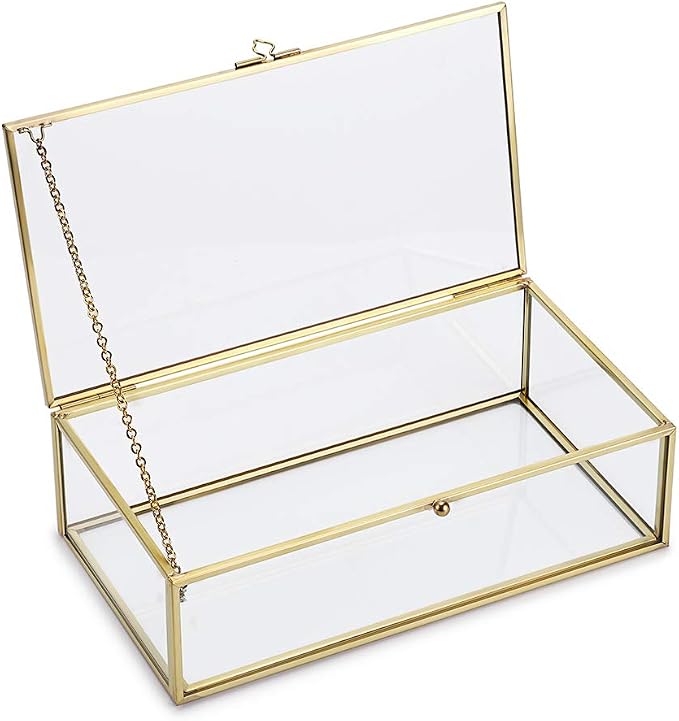 Hipiwe Vintage Glass Keepsake Box, Rectangle Gold Jewelry Display Organizer | Clear Lidded Box for Home Decor, Storage of Trinkets, Rings, Bracelets