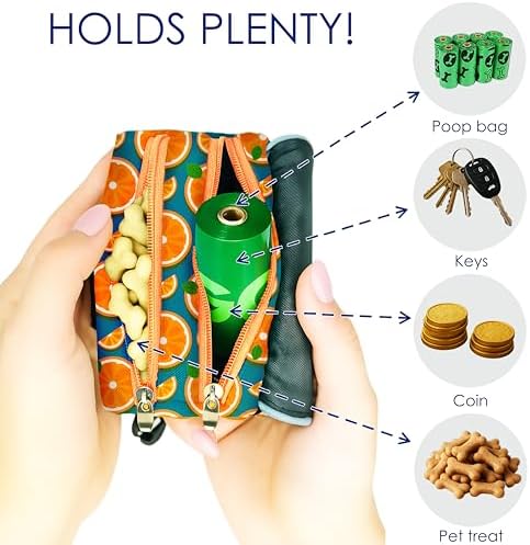 Dog Treat and Poop Bag Holder for Leash, 2 Waterproof Zipper Pouches for Pet Walking Accessories, with Dispenser, Training Clicker and 1 Free Roll (Fruit Orange)