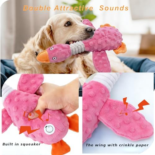 Squeaky Dog Toys for Aggressive Chewers, Durable Stuffed Animal Plush Dog Toy with Soft Fabric for Large, Medium & Small Dogs, Interactive Puppy Chew Toy for Teething, Crinkle Duck Dog Toy - Pink