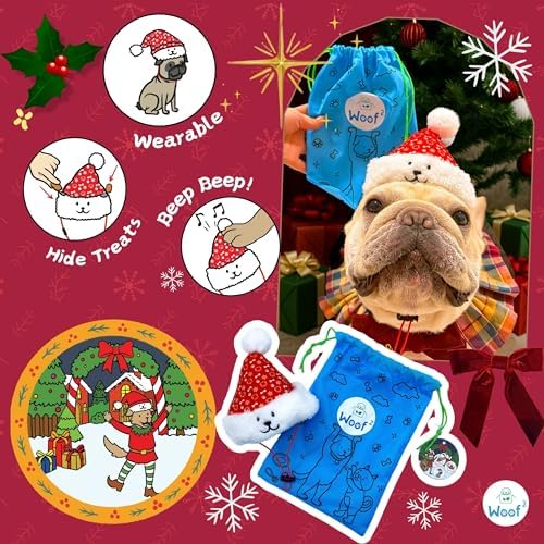 Christmas Santa Hat Plush Dog Toy (L Size), Soft & Durable Squeaky with Treat Pocket, Wear & Play Design, Crinkle Paper Sound, Fun for Medium & Large Dogs