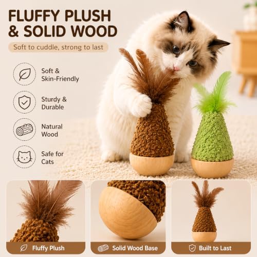 2-Pack Interactive Self-Righting Wobble Cat Toy with Feather, Fluffy Plush Wooden Tumbler for Bored Adult Indoor Cats Silent Self Play Cat Enrichment Toy, Green & Brown