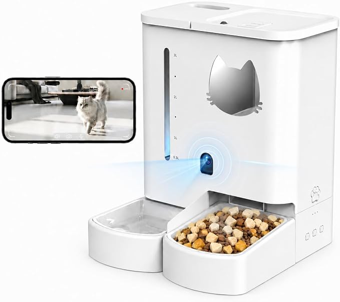 Waithem Automatic Cat&Dog Feeder and Waterer with Camera | 2K Video, Night Vision, 5L Food Capacity and 4L Water Station, 5G/2.4GHz Wi-Fi Control, 2 Weeks Capacity